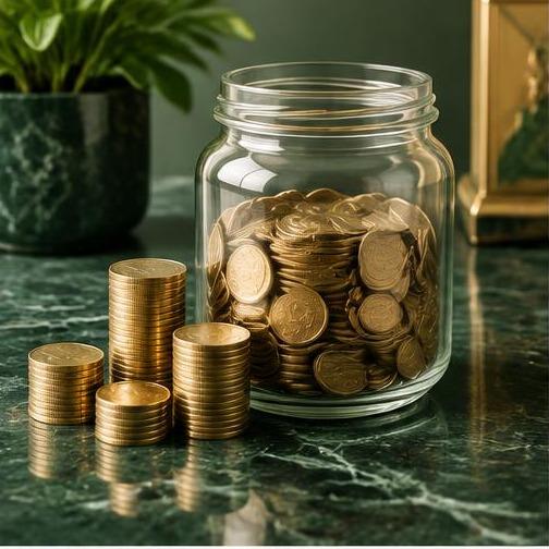 Monedas y frasco de ahorro sobre mármol verde