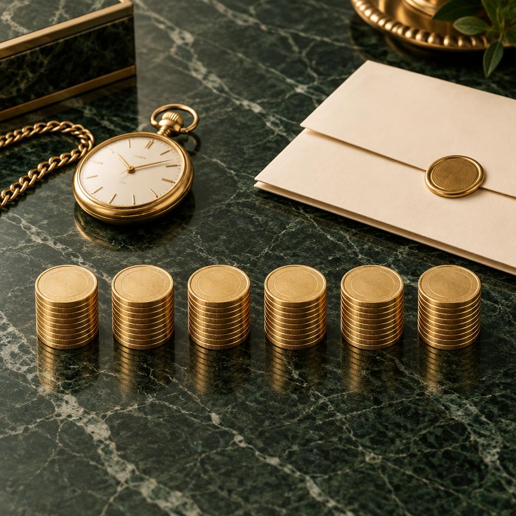 Seis pilares de monedas de la misma altura junto a un reloj dorado y un sobre sellado sobre mármol verde
