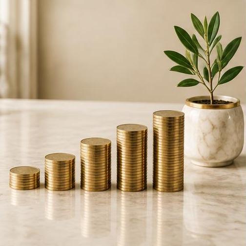 Monedas en crecimiento junto a una planta