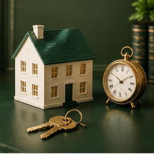 Casa en miniatura, llaves y reloj para la planificación del retiro